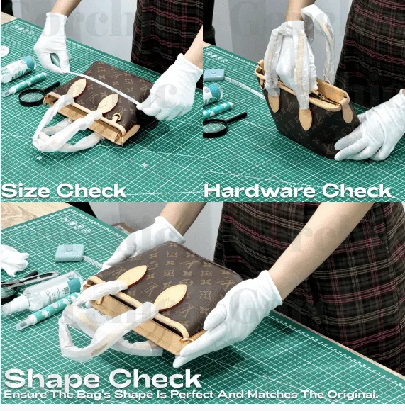 Size, hardware and shape checks being carried out on a monogram handbag