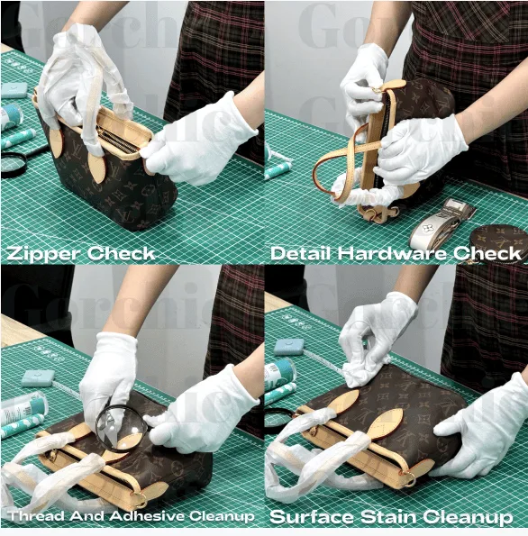 Zipper, detail hardware, thread and surface stain checks on a handbag
