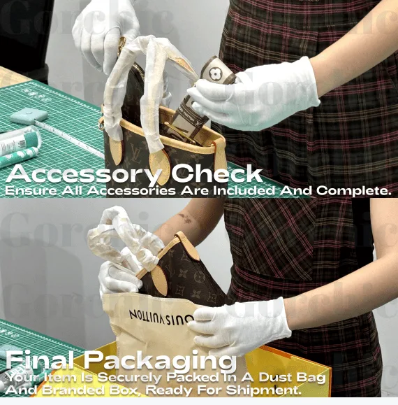 Accessory check and final packaging of a handbag into a dust bag and branded box