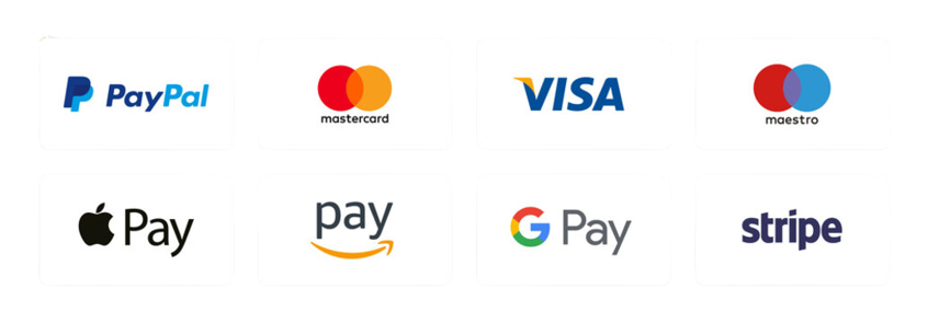 Accepted payment methods: PayPal, Mastercard, Visa, Maestro, Apple Pay, Amazon Pay, Google Pay and Stripe