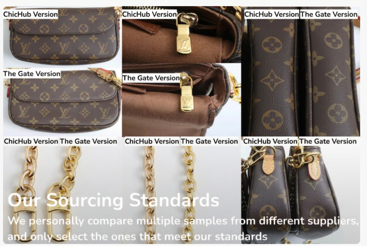 Side-by-side comparison of ChicHub Version and The Gate Version bags: monogram canvas, zipper hardware and chain details