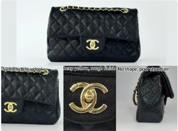 Budget knockoff Chanel flap bag details: synthetic cheap-looking leather, rough yellow CC hardware and a shapeless side profile