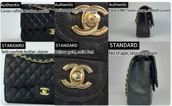 Side-by-side comparison of authentic versus standard replica Chanel details: caviar calfskin versus split cowhide, antique gold versus yellow gold, and the CC turn-lock shape