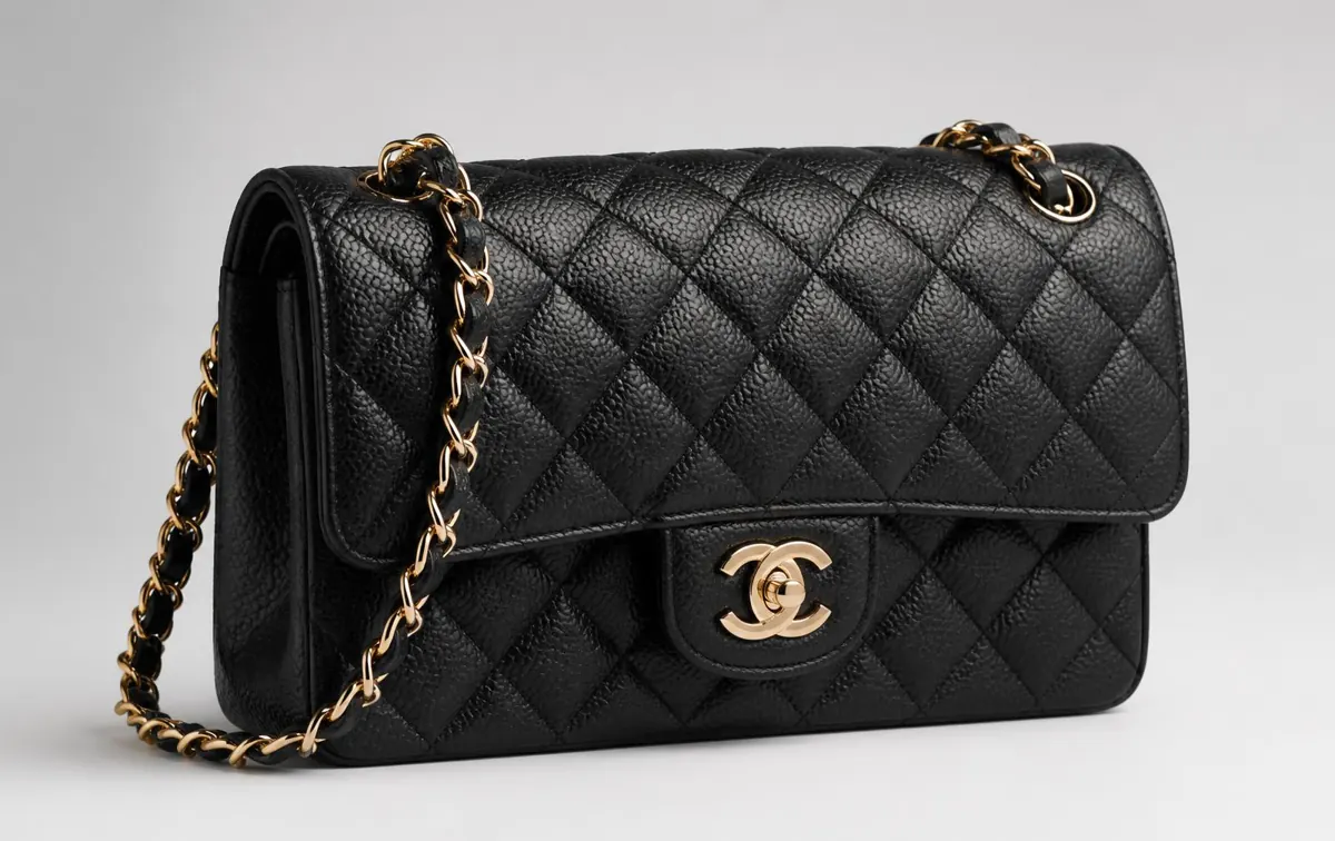 Black quilted Chanel-style flap bag with gold chain and CC turn-lock on a grey background