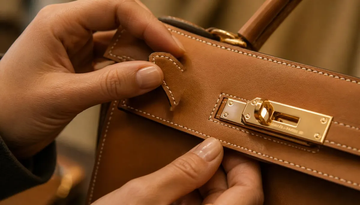 Hands inspecting the stitching and hardware of a tan leather luxury handbag