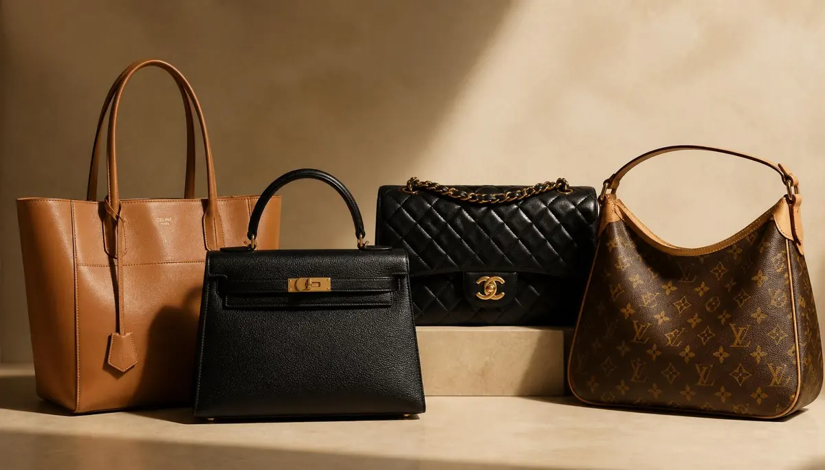 A line-up of iconic luxury designer handbags on a warm neutral backdrop
