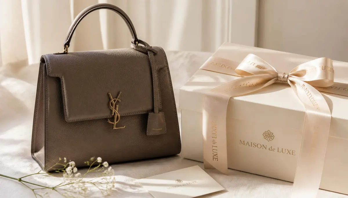 Luxury handbag beside a cream gift box tied with satin ribbon