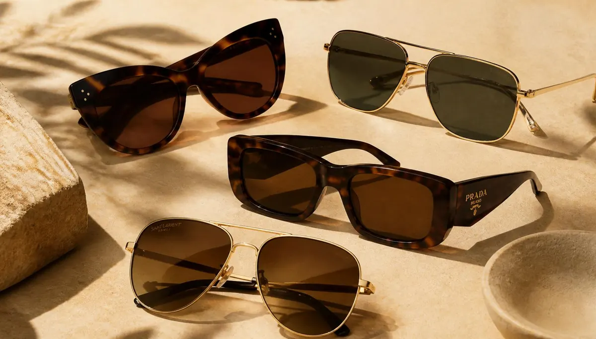 Designer sunglasses in tortoiseshell and gold frames on a sand-toned surface