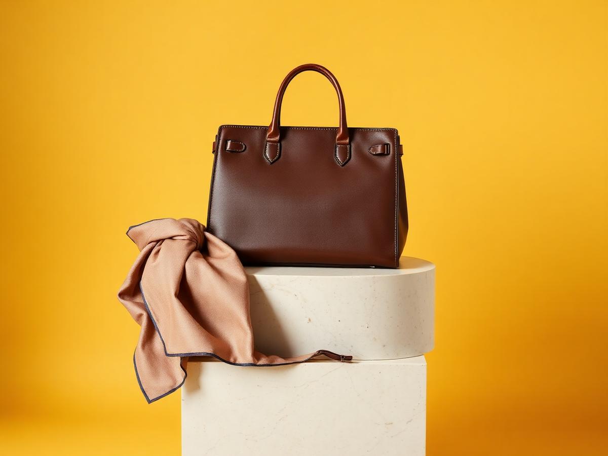 Brown leather handbag on a pale stone plinth against a buttery yellow backdrop