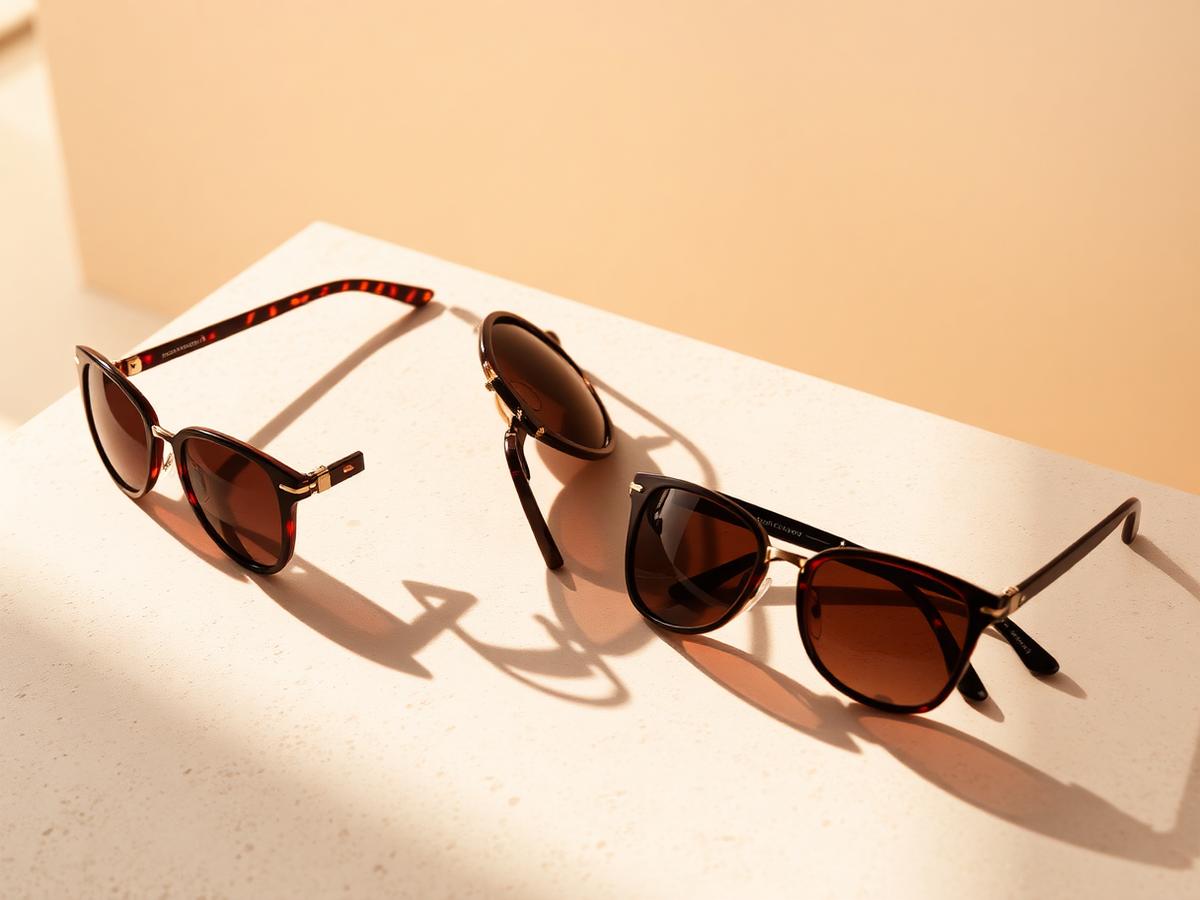 Three pairs of designer sunglasses on a pale stone surface casting long shadows