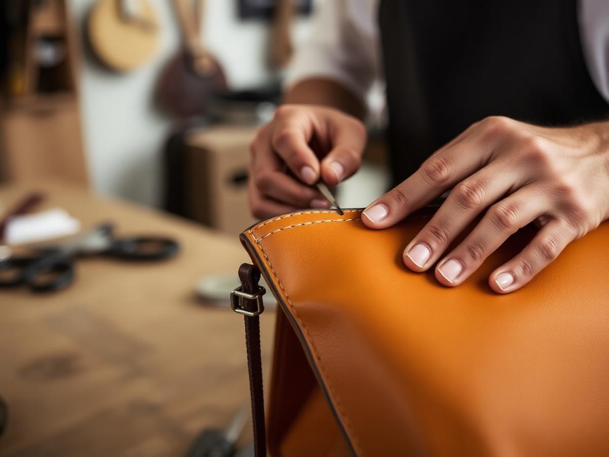 Artisan hand-stitching the edge of a tan leather handbag at a workbench