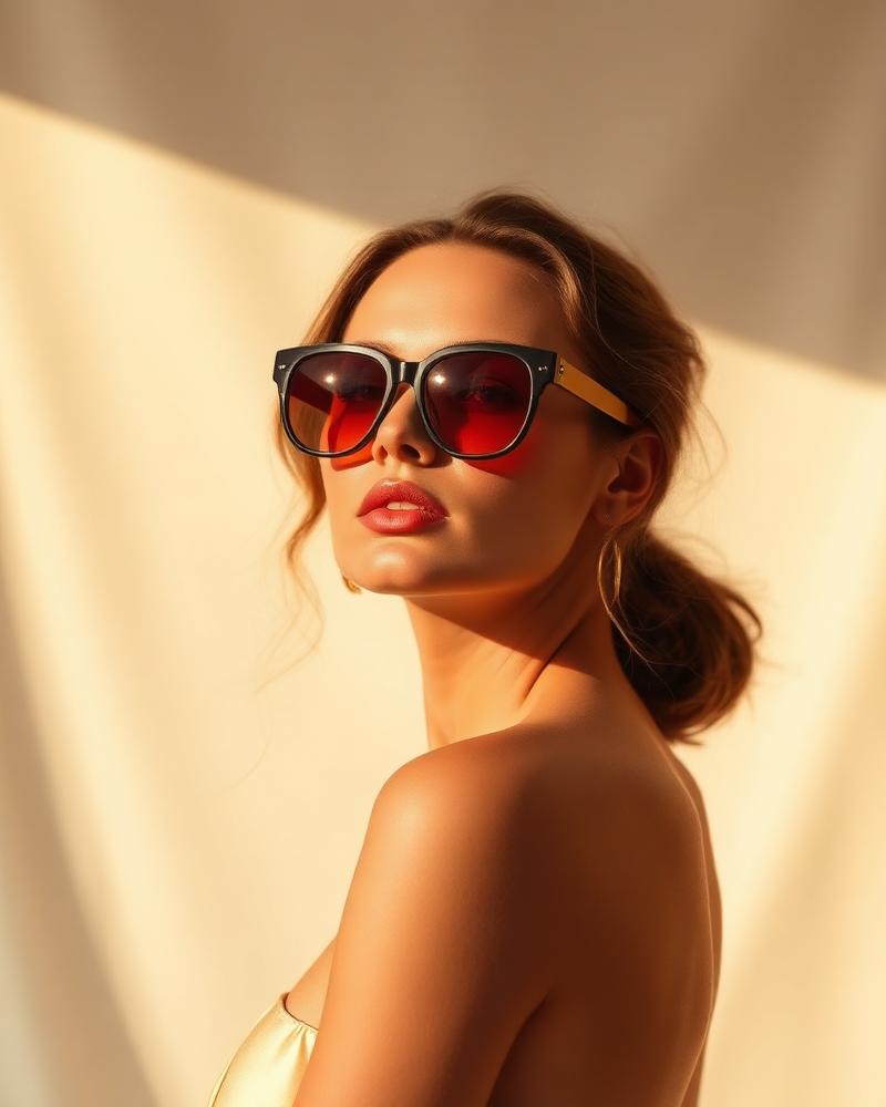 Editorial portrait in red-tinted retro sunglasses