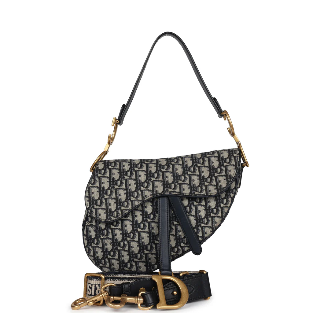Christian Dior Saddle Bag Navy Blue Oblique Jacquard Antique