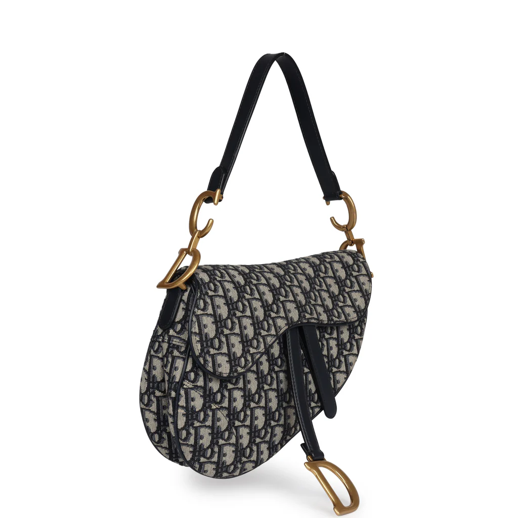Christian Dior Saddle Bag Navy Blue Oblique Jacquard Antique - Image 3